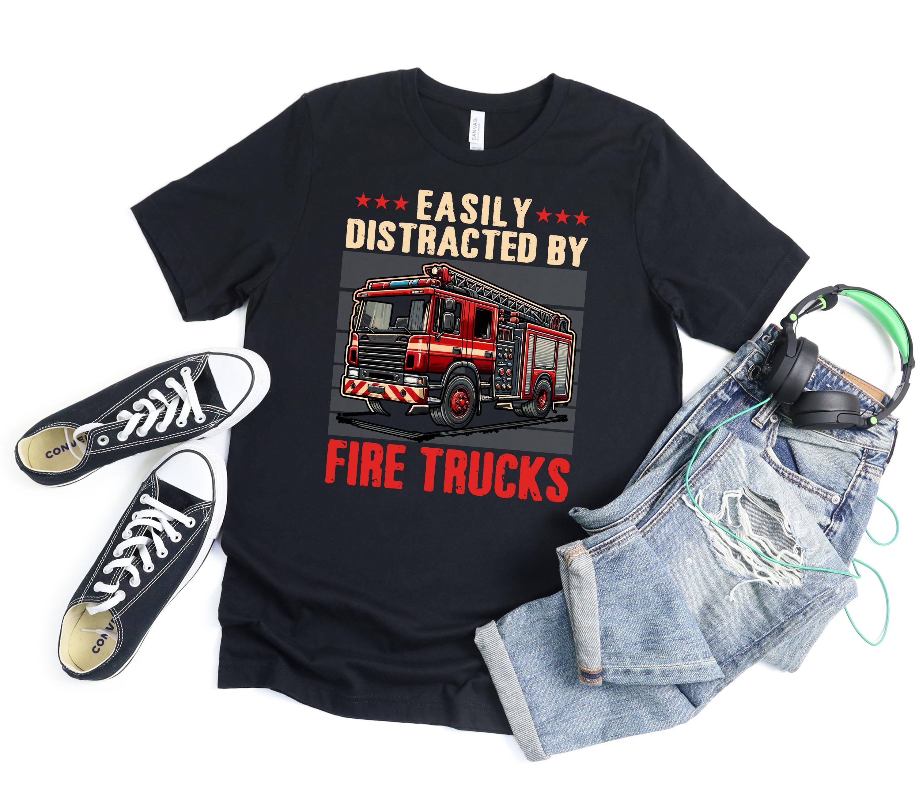 Easily Distracted By Fire Trucks T Shirt, Firefighter Gift For Fire Truck Drivers Men, Funny Firemen Gift For Firefighting Experts
