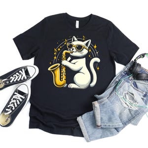 Cat Sunglasses Playing Saxophone T Shirt For Men Women, Funny Saxophone Gifts For Saxophones Music Lover, Musician Gift For Saxophone Player