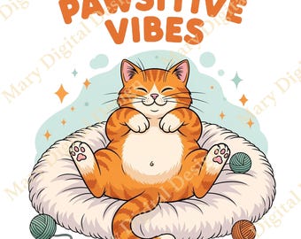Pawsitive Vibes Cat PNG Cat Lover Design Digital Download Cat Lover Sublimation Design Instant Download Funny Cat Design Orange Cat Design