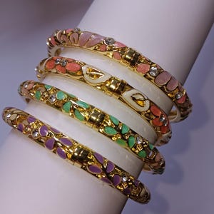 Hinged Bangles!  FREE SHIP!  Gorgeous Enamel, Crystal Gold Tone Springs Shut With One Hand!
