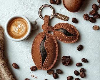 Llavero de cuero con forma de grano de café, dije para bolso, accesorio para bolso de otoño hecho a mano, regalo para la vuelta al cole, accesorio para bolso para amantes del café, regalo para amantes del café
