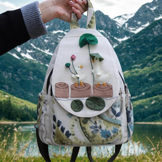 Embroidered Duck Backpack: Artisanal Canvas Cottagecore Bag