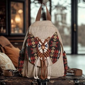 Könnte beinhalten: Beiger Rucksack mit braunem Griff und Trägern. Die Vorderseite zeigt ein dekoratives Eulen-Design aus Makramee und gemustertem Stoff in Rot, Schwarz und Beige. Der Rucksack hat zwei Seitentaschen.