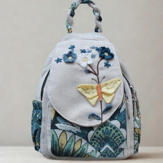 Backpack, 3D Butterfly Embroidered Backpack, Handmade Canvas