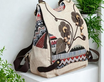 Boho Embroidered Floral Backpack: Handmade Linen Canvas Rucksack