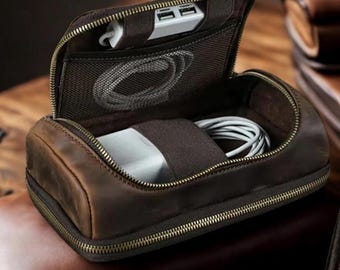 Leather Electronics Organizer Travel Case, Cable Bag for Tech Accessories, Back To School Gift for Students, Professionals, Gift For Him Her