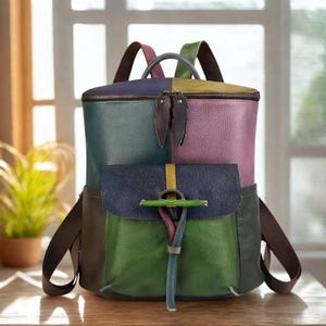 Colorful Genuine Leather Backpack Women, Handmade Patchwork Bag, Large Capacity Rucksack, Back To School Gift, Eco Friendly Travel Bag, Gift