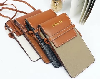 Bolso bandolera de piel personalizado para teléfono, cartera de piel auténtica para teléfono, bolso bandolera minimalista, tarjetero, regalo para ella, bolso para el día a día.
