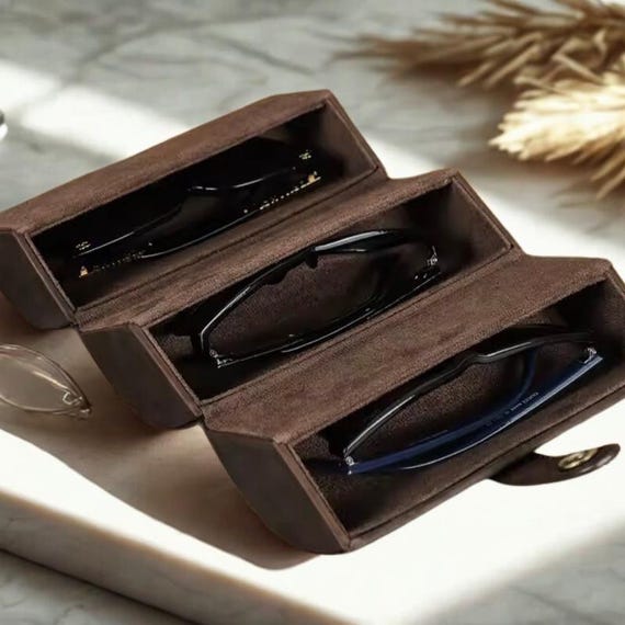 3 Slot Eyeglass Case Leather Sunglasses Storage Box Organizer CONTACTS Full Grain Leather Sunglasses Travel Case 3 Slot  main image 2