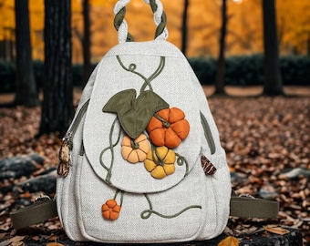Rugzak geborduurde pompoen: linnen boho herfsttas