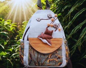 3D Fox Embroidery Linen Backpack: Boho Woodland Daypack