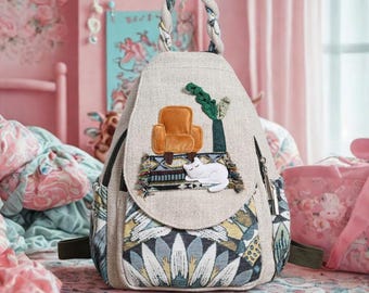 HANDMADE  UNIQUELY EMBROIDERED COLORFUL GRAY W/T BIG FLOWERS 100% WOOL BACKPACK Handmade Embroidered Wool Backpack, Floral Applique  main image 2