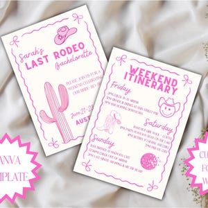Puede incluir: Dos invitaciones de despedida de soltera con temática de rodeo en rosa y blanco. Una dice "Sarah's Last Rodeo Bachelorette" con un cactus y un sombrero de vaquero. La otra es un itinerario de fin de semana con un sombrero de vaquero, una bota y una bola de discoteca.