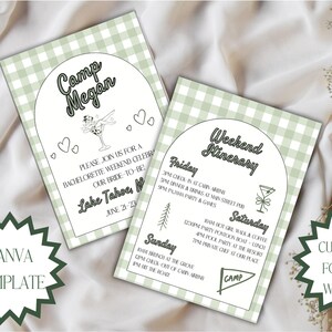 Camp Bachelorette Reiseplan Vorlage: Bearbeitbarer Canva Download, Bach Bash Wochenendplan zum Thema Camping, Glamping Printable