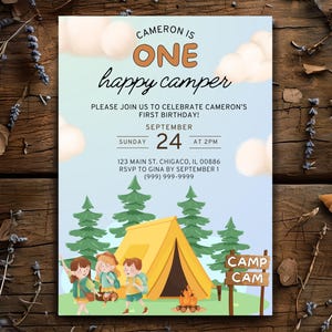 One Happy Camper First Birthday Invitation Template | Editable Camping Theme Invite | Printable Digital Download | Birthday Canva Template