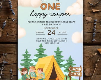 Mall för första födelsedagsinbjudan till "En glad campingturné" | Redigerbar campingtemainbjudan | Utskrivbar digital nedladdning | Canvas-mall för födelsedag