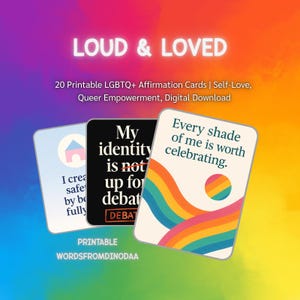 LOUD & LOVED – LGBTQ+向けアファメーションカード20枚（印刷可能）｜自己愛、クィアのエンパワーメント、デジタルダウンロード