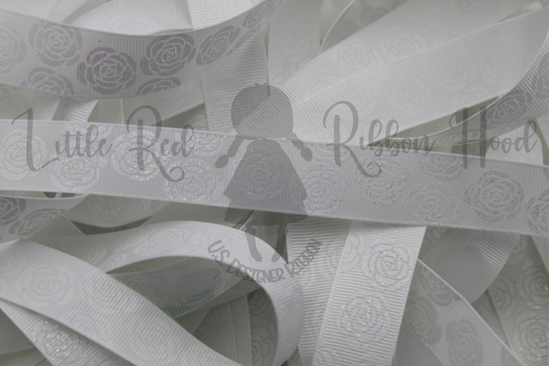 White Glitter Roses 78 grosgrain 5 yds