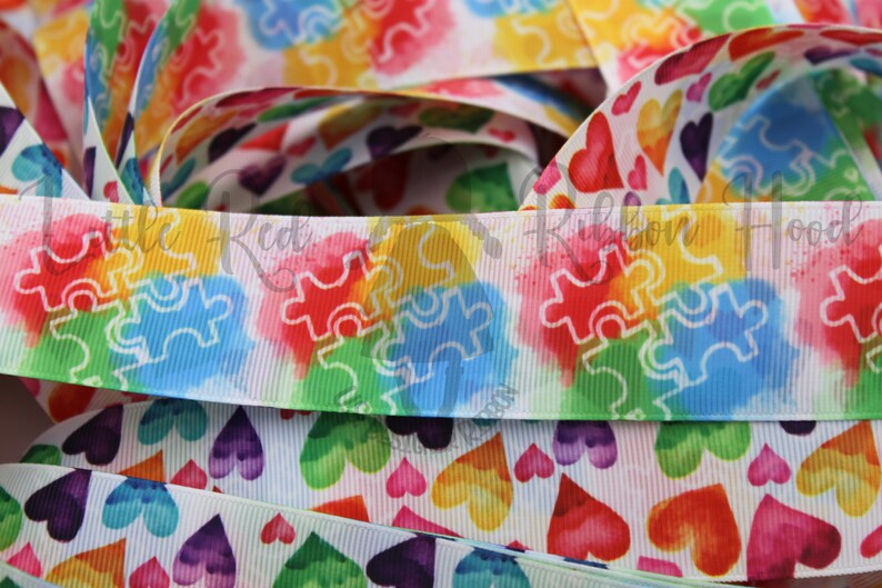 Water Color Autism Puzzle Pieces 78 58 1.5 Grosgrain Ribbon