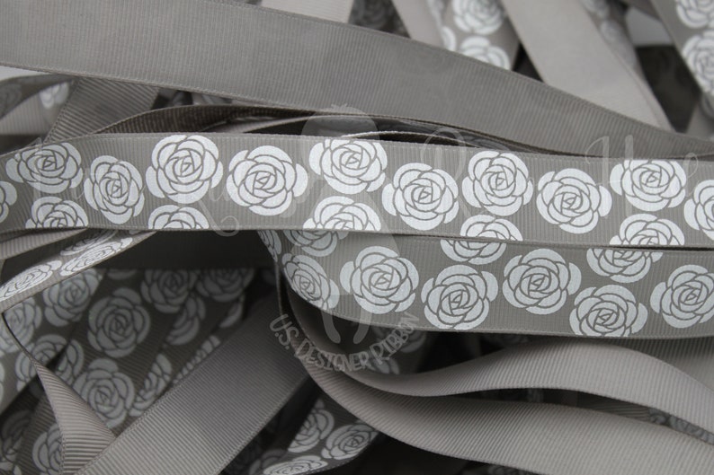 White Glitter Roses 78 grosgrain 5 yds