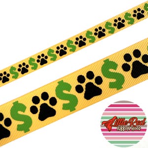Fita de gorgorão impressa de 3/8" ou 7/8", patas e cifrões, fita de cachorro, lilredribbonhood, presente de aniversário para irmã