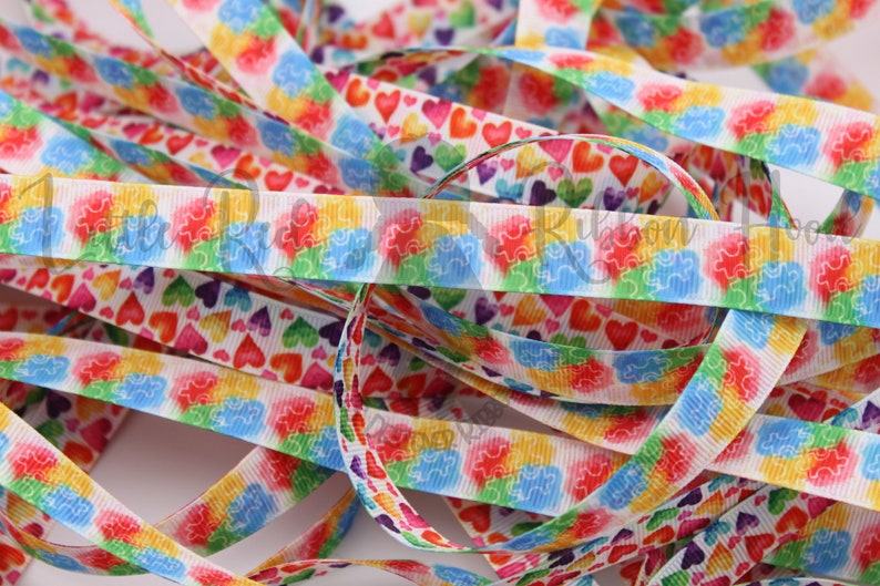 Water Color Autism Puzzle Pieces 78 58 1.5 Grosgrain Ribbon