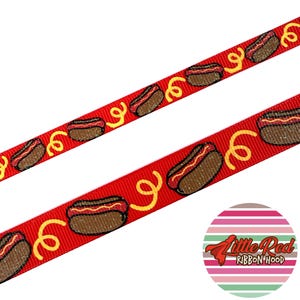 Fita de gorgorão impressa de 3/8" ou 5/8" e 5 jardas, cachorro-quente, fita de comida, lilredribbonhood, presente de aniversário para irmã