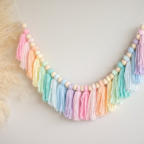 Pastel Rainbow Tassel Garland. Boho Nursery and Kids Room Decor. Party Decorations. Ombre Yarn Garland.