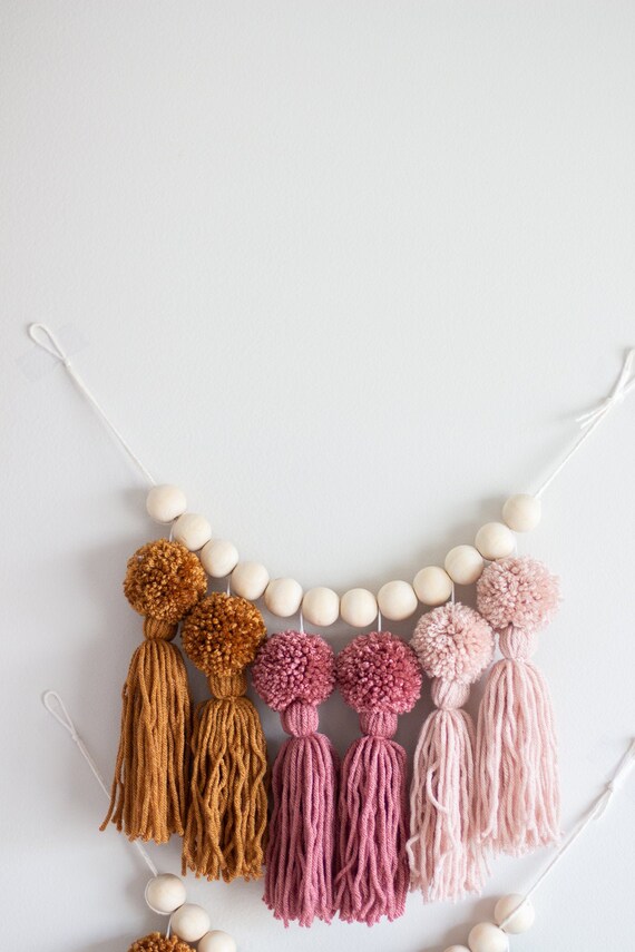 Warm Earth Tone Color Block Pom Pom Tassel Garland Nursery And Kids Room Decor Party Decorations Ombre Yarn Garland Tan Rose Blush
