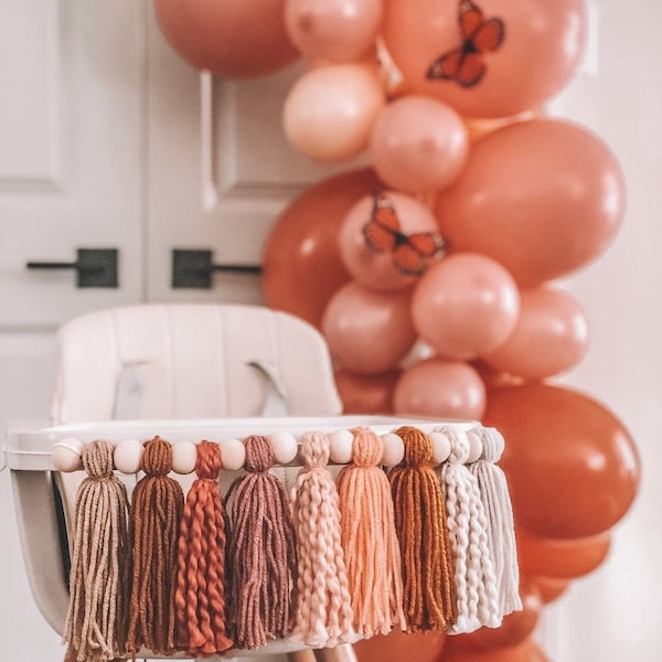 Golden Hour High Chair Tassel Garland. Nursery and Kids Room Decor. Birthday Party Decorations. Mustard, Peach, Cream, Rust, Tan.