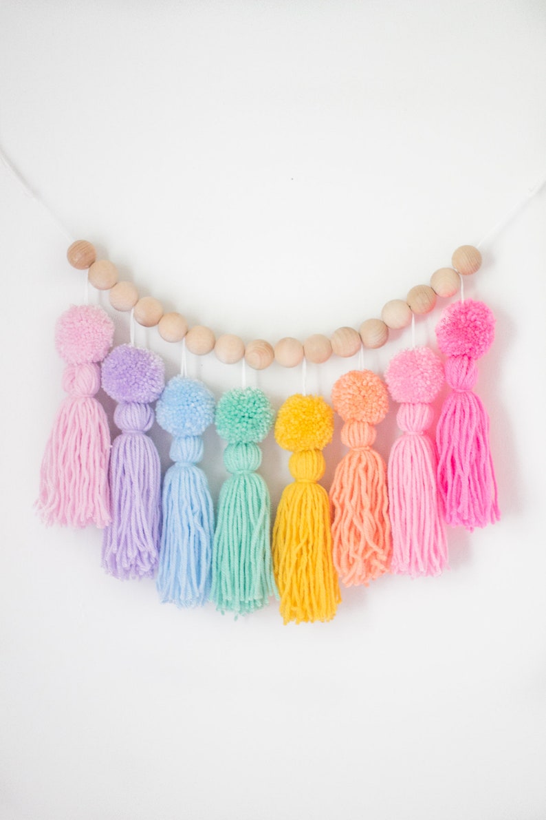 Bright Rainbow Pom Pom Tassel Garland. Nursery and Kids Room Etsy