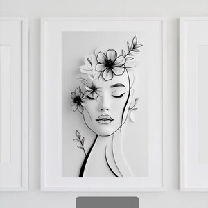 Floral Serenity Line Art - Minimalistische Frau Wandkunst zum Ausdrucken
