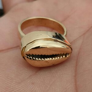 Könnte beinhalten: Ein goldfarbener Ring mit einem polierten Kauri-Muschel-Design als Herzstück. Der Ring hat eine glatte, abgerundete Ringschiene und eine metallische Oberfläche, die das Licht reflektiert und den charakteristischen Längsschlitz zeigt.
