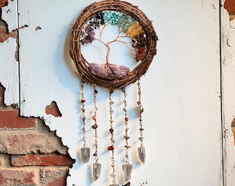 Tree of Life Dreamcatcher: Chakra Crystals, Natural Vine Wall Hanging