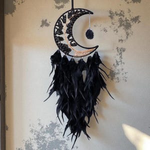 Black Crescent Moon Dreamcatcher | Obsidian Gemstone Wall Hanging | Spiritual Meditation Decor | Tribal Decor | Bedroom Dreamcatcher