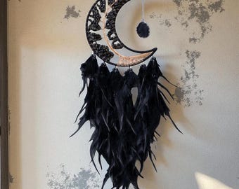 Black Crescent Moon Dreamcatcher: Obsidian Gemstone, Gothic Decor