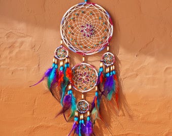 Rainbow Feather Dreamcatcher: Multicolored Boho Wall Hanging