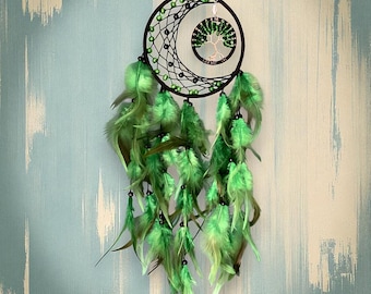 Green Tree of Life Dreamcatcher: Crescent Moon Feather Wall Hanging