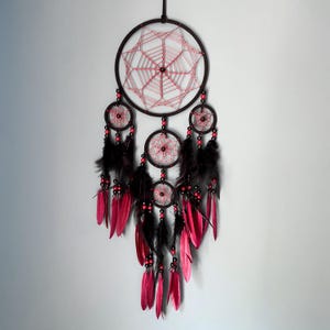 Red & Black Dreamcatcher | Gothic Web-Inspired Feather Wall Hanging | Spiritual Meditation Decor | Tribal Home Decor | Bedroom Dreamcatcher
