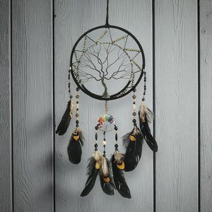 Sun & Moon Tree of Life Dreamcatcher | Black And Gold Crystal Feather Wall Hanging | Spiritual Decor | Tribal Decor | Bedroom Dreamcatcher
