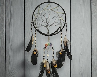 ネイティブアメリカンデザインの天然羽根付き大型ドリームキャッチャー
