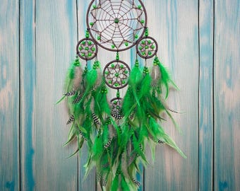 Green Boho Dreamcatcher Wall Decor – Feathered Hanging with Beads & Web (17×80 cm)