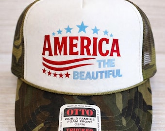America The Beautiful Trucker Hat, Patriotic Hat USA Flag Hat Cute Birthday Gift for Mom Present for Wife Women Snapback Patriotic Woman Hat