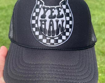 Yeehaw Trucker Hat, Yee Haw Hat Western Trucker Hat Checkerboard Horseshoe Cap Country Rodeo Cowgirl Style High Crown Foam Hat Gift for Mom