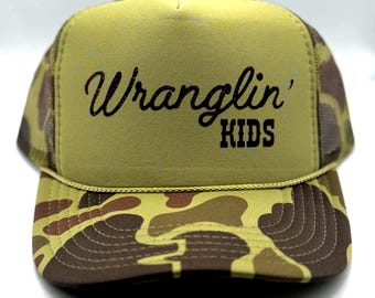 Wranglin' Kids Trucker Hat, Mama Snapback Mom Hat for Mommy Mothers Day Gift Personalized Mom present Western Style Apparel Country Mom Cap