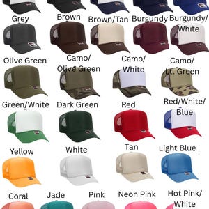 a collection of 16 different colored trucker hats, each with a unique color and pattern.