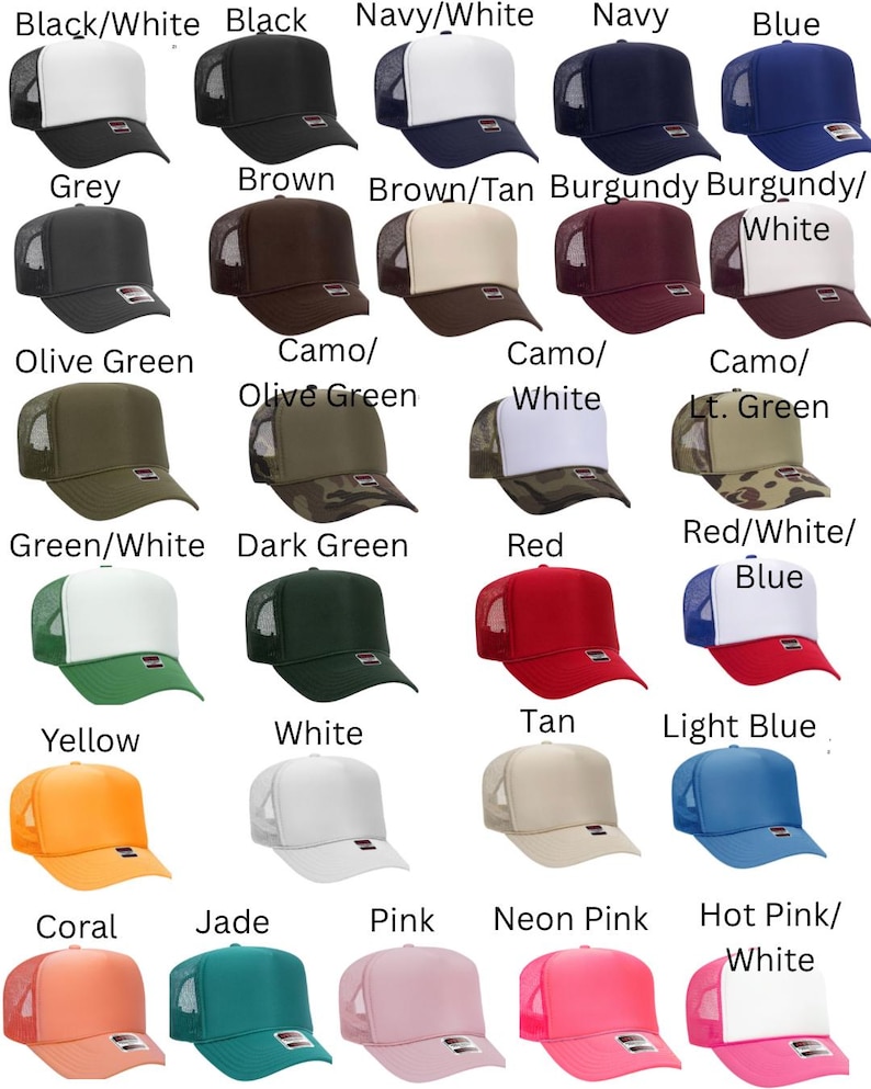 a collection of 16 different colored trucker hats, each with a unique color and pattern.