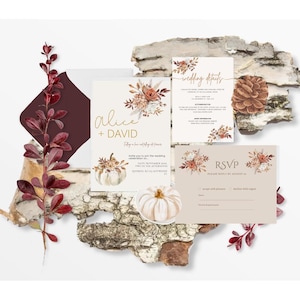 Fall Wedding Invitation Template Bundle Autumn Wedding Details & RSVP Cards  Rustic Boho Editable Canva Invite Suite