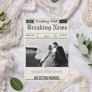 Plantilla de periódico para el día de la boda, programa de boda editable, imprimible, periódico de boda vintage, descarga digital Canva