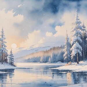 Arte de pared imprimible con paisaje nevado finlandés: Escena de bosque invernal en acuarela | Descarga digital | Póster nórdico horizontal